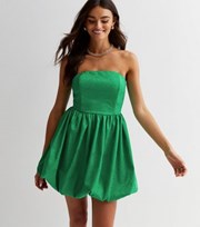 New Look Green Satin Jacquard Bandeau Mini Puff Dress